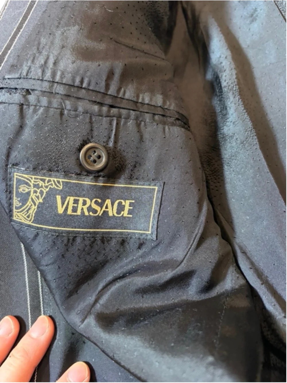 Versace Black Pinstripe Blazer 52R Wool Italy Medusa Logo Classic Tailored